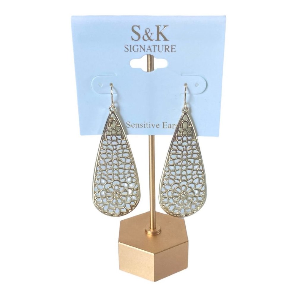 S & K signature gold tone teardrop sensitive ears earrings 2.5 inch